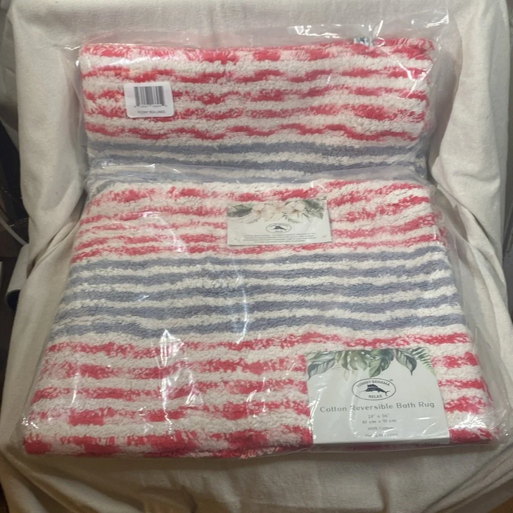 NEW Tommy Bahama Bath Mat Peony Sea Lines 100% Cotton 24” x 36”